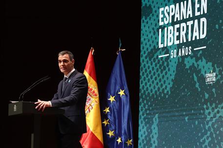 8/01/2025. Pedro Sánchez preside el acto "España en Libertad". Pedro Sánchez interviene en el acto inaugural de celebración de 50 años de "E...